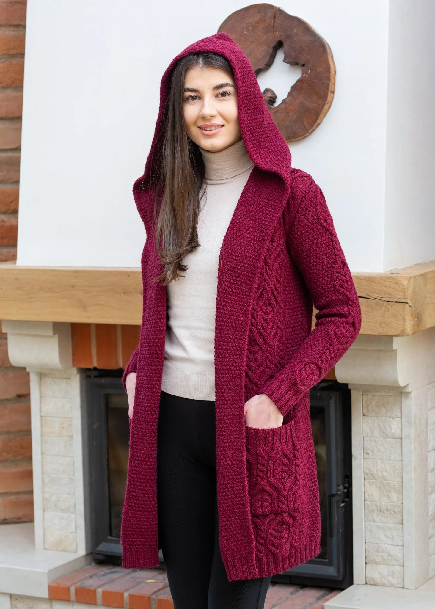 Ladies Classic Long Hooded Cardigan | Burgundy