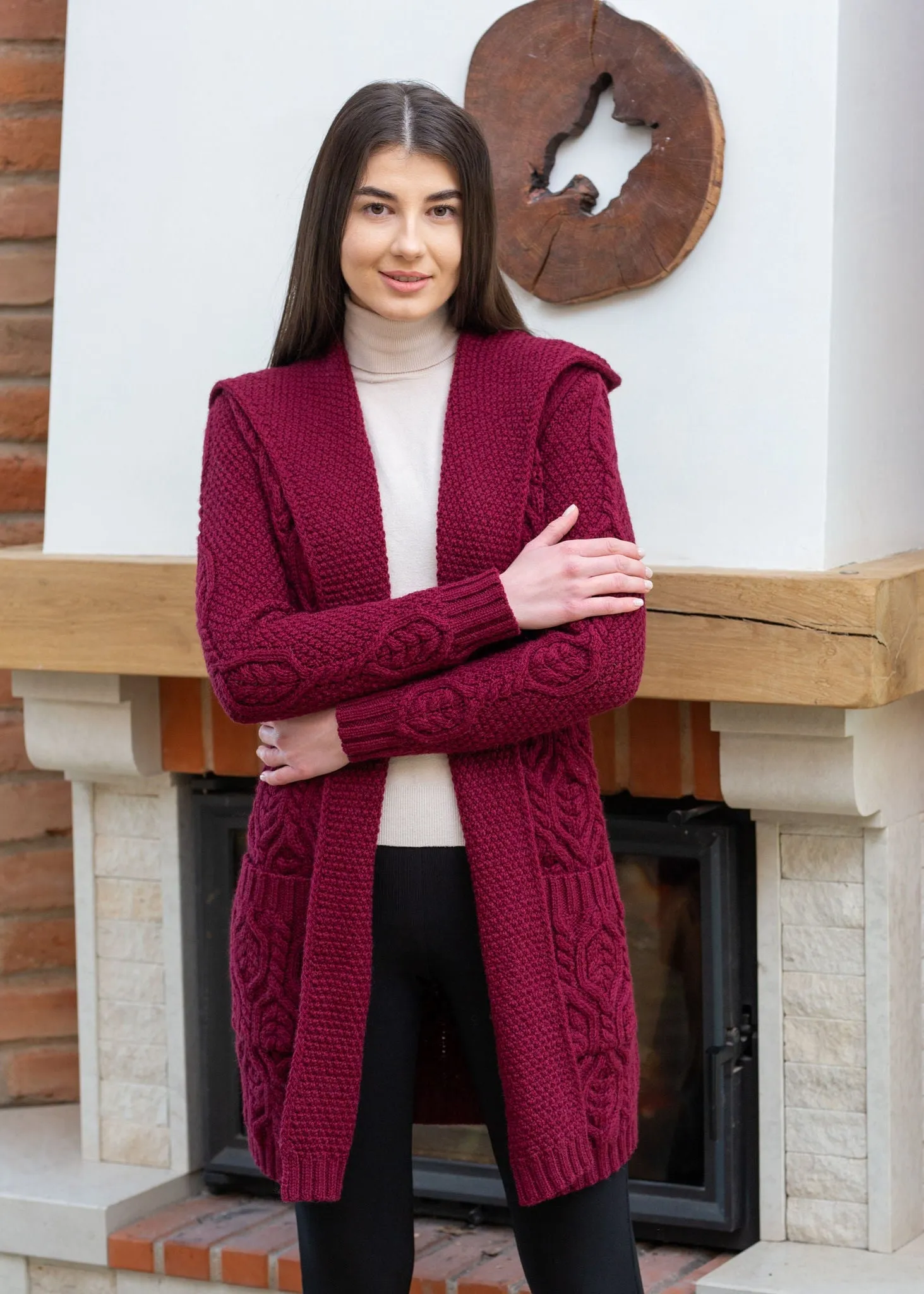 Ladies Classic Long Hooded Cardigan | Burgundy