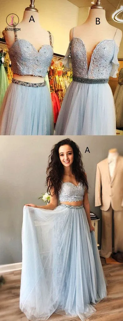 Light Blue Straps Mismatched Lace Tulle Prom Dresses, Floor Length Evening Dress with Beads KPP0609