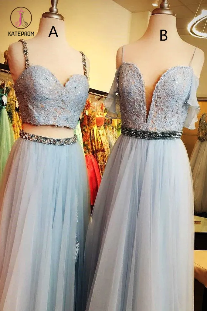 Light Blue Straps Mismatched Lace Tulle Prom Dresses, Floor Length Evening Dress with Beads KPP0609