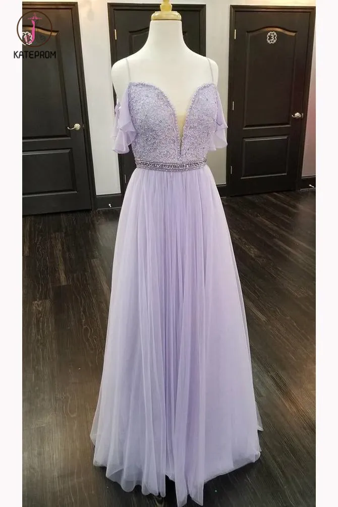 Light Blue Straps Mismatched Lace Tulle Prom Dresses, Floor Length Evening Dress with Beads KPP0609