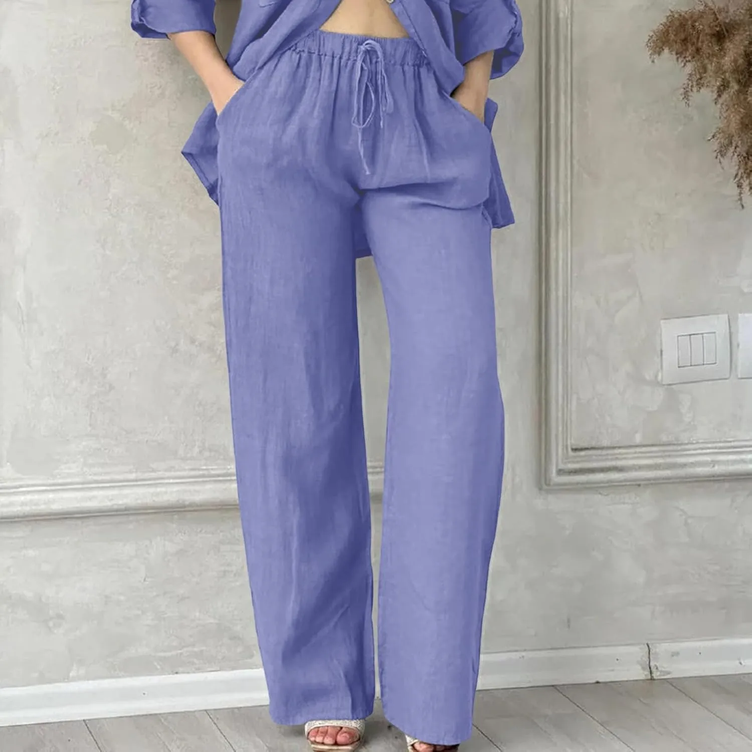 Linen Cotton Pants for Women Summer 2025 Casual Straight High Waisted Drawstring Long Leg Wide Trousers with Pockets