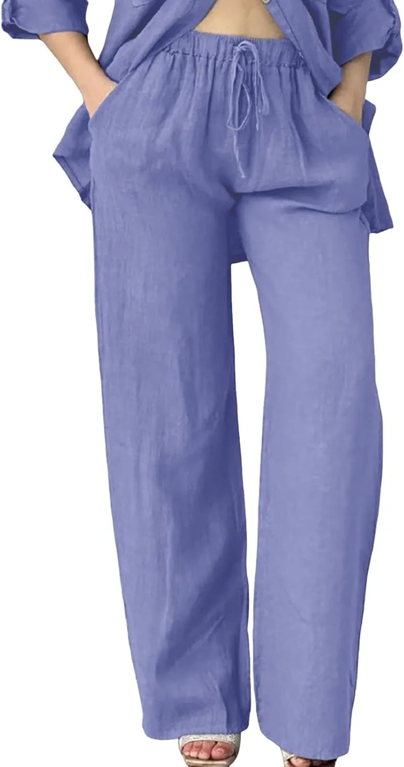 Linen Cotton Pants for Women Summer 2025 Casual Straight High Waisted Drawstring Long Leg Wide Trousers with Pockets