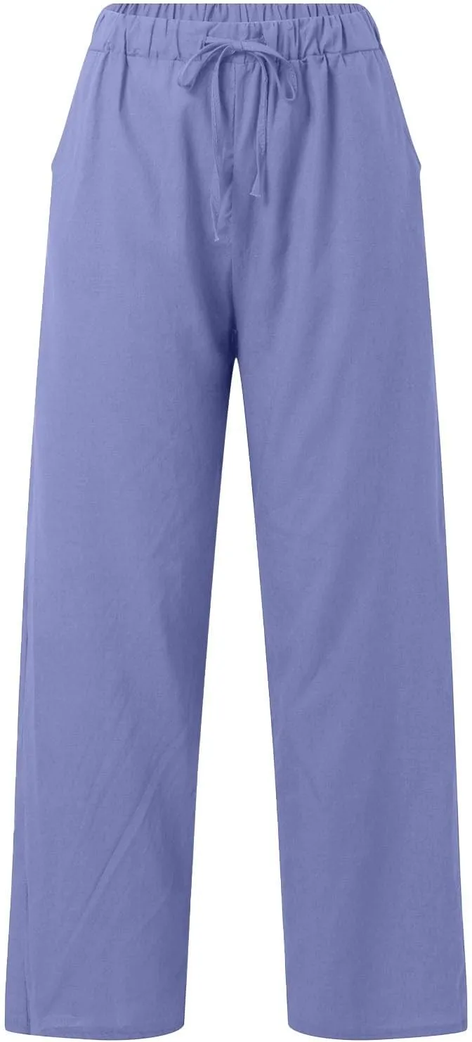 Linen Cotton Pants for Women Summer 2025 Casual Straight High Waisted Drawstring Long Leg Wide Trousers with Pockets