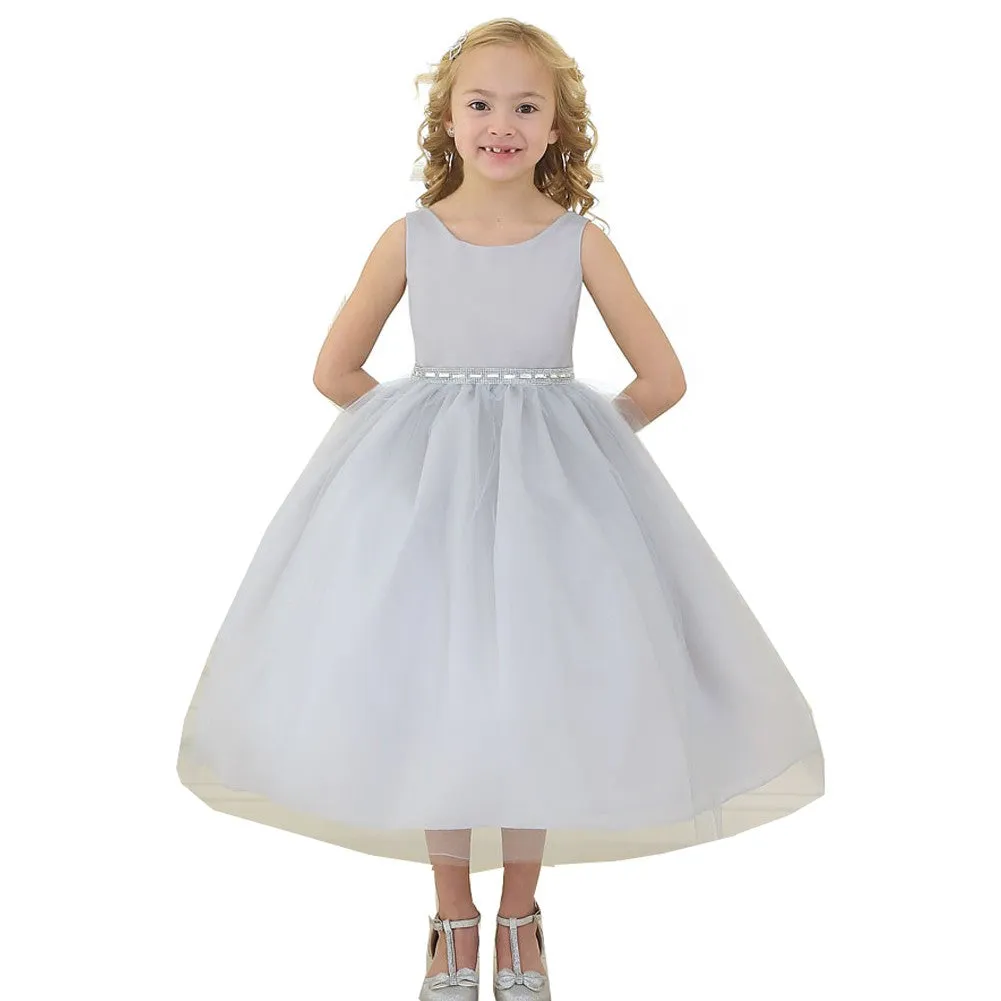 Little Girls Silver Rhinestone Tulle Flower Girl Dress 2T-6