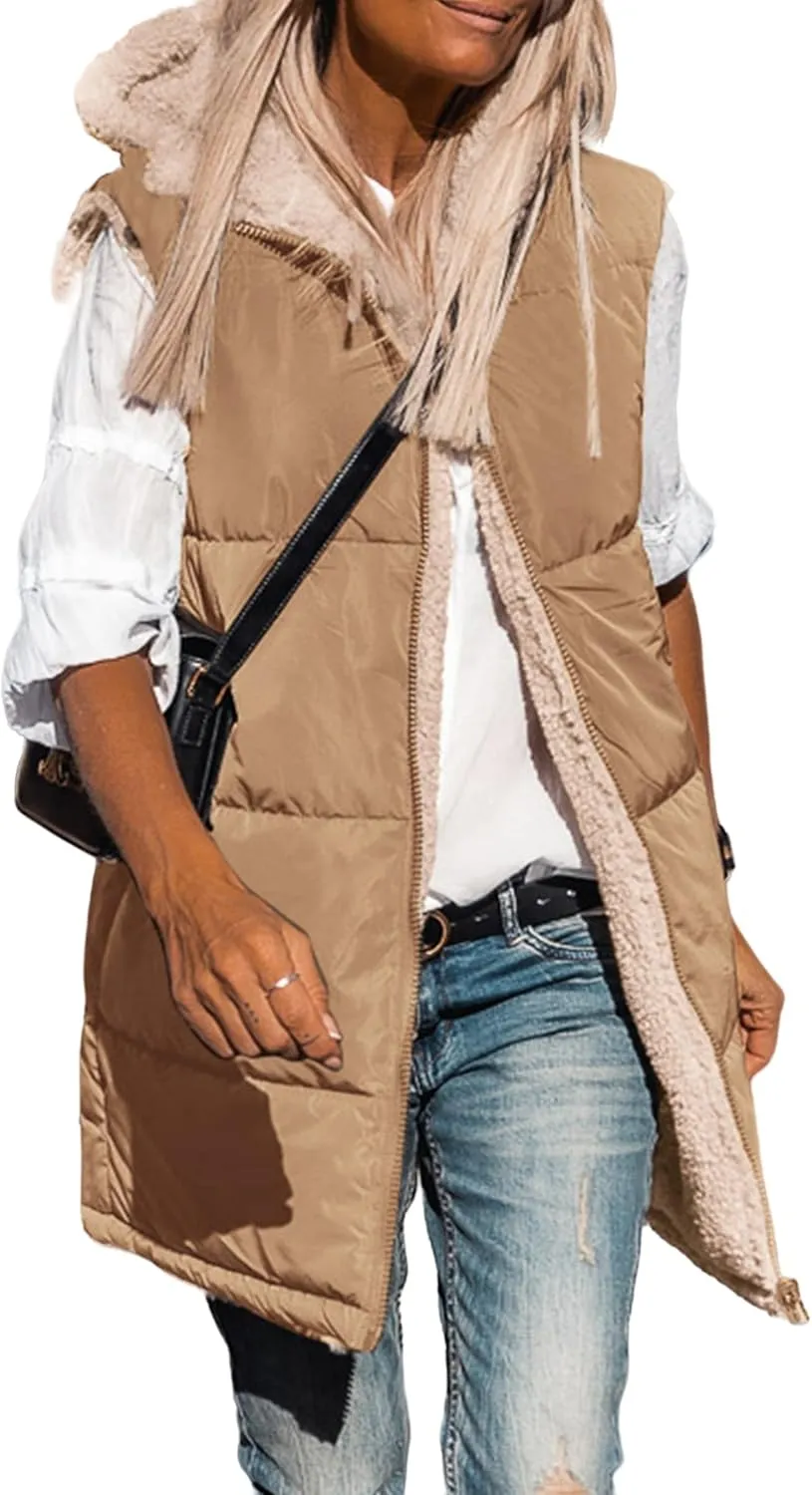 Long Puffer Jacket Womens Zip Up Hoodies Fleece Lined Puffer Vest Reversible Long Sleeve Coat Warm Winter Outwear