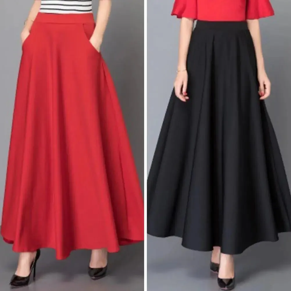 LVSANW Elegant Women Maxi Skirt High Waist Tummy Control A-line Lady Skirt Loose Hem Pockets Lady Dating Party Banquet Skirt