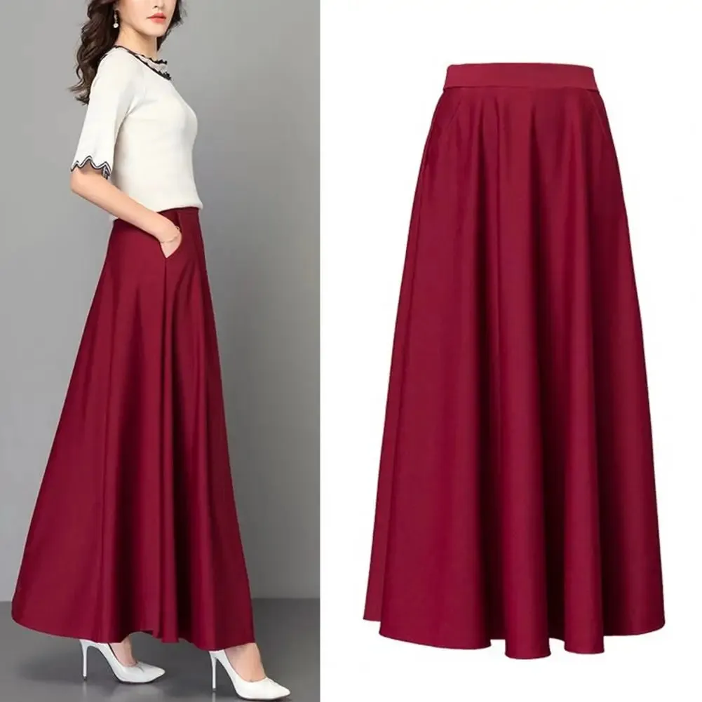 LVSANW Elegant Women Maxi Skirt High Waist Tummy Control A-line Lady Skirt Loose Hem Pockets Lady Dating Party Banquet Skirt