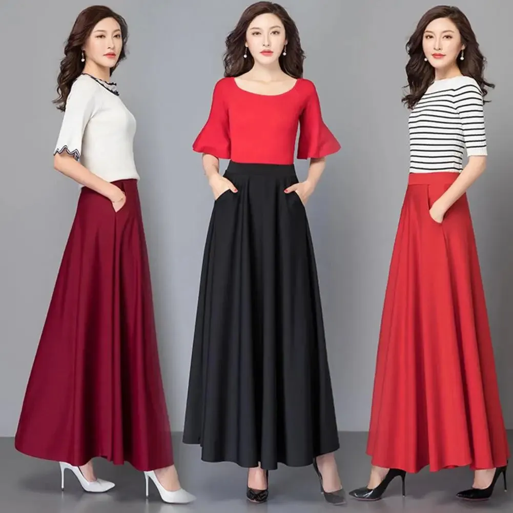 LVSANW Elegant Women Maxi Skirt High Waist Tummy Control A-line Lady Skirt Loose Hem Pockets Lady Dating Party Banquet Skirt