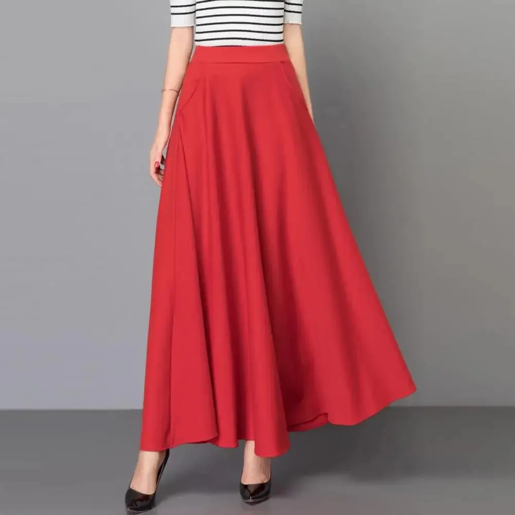 LVSANW Elegant Women Maxi Skirt High Waist Tummy Control A-line Lady Skirt Loose Hem Pockets Lady Dating Party Banquet Skirt