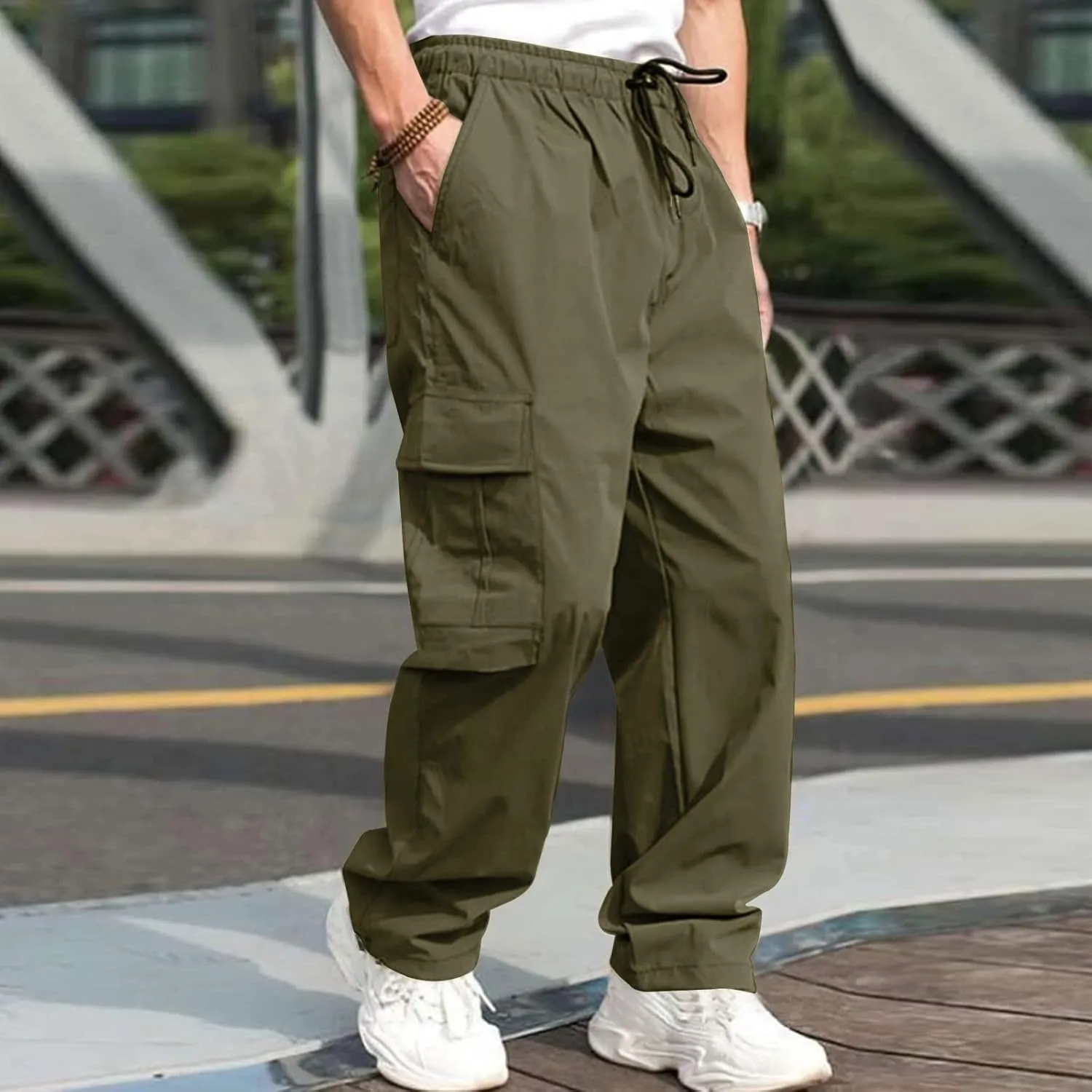 Mens Sweatpants with Pockets Big and Tall Long Pants Trousers Men's Cargo Sweatpants Adjustable Bungee Cord Open Bottom