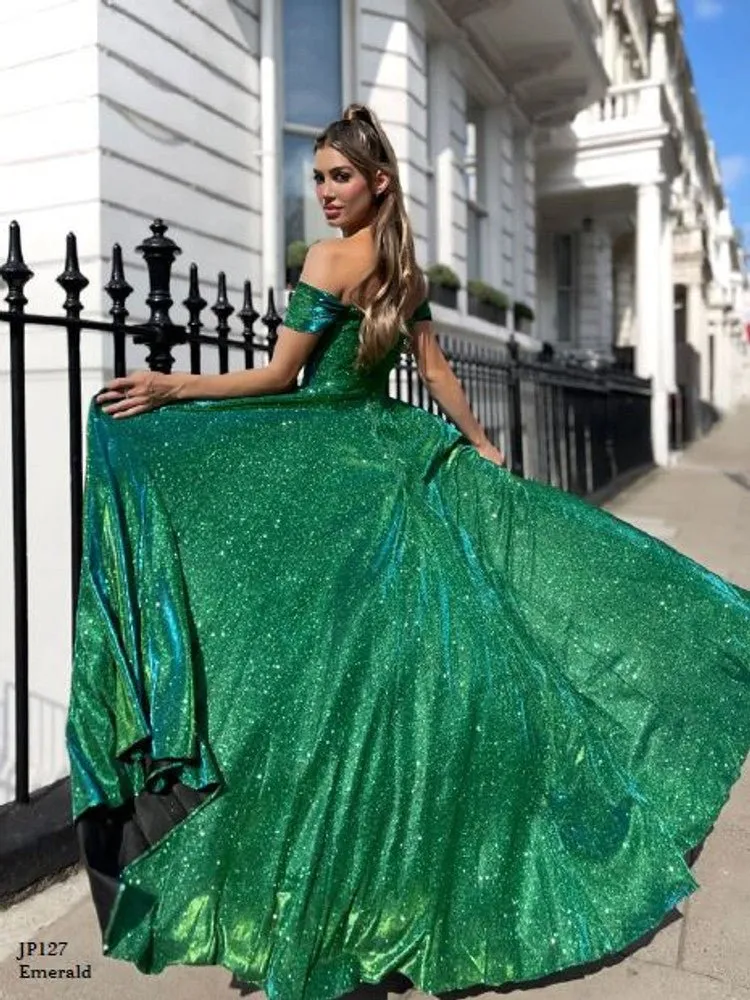 Off the Shoulder Glitter Ball Gown with Leg Slit | Jadore Dress JP127