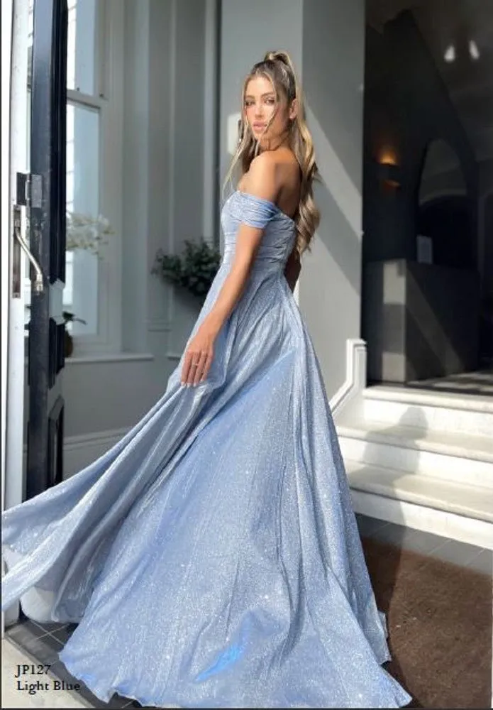 Off the Shoulder Glitter Ball Gown with Leg Slit | Jadore Dress JP127
