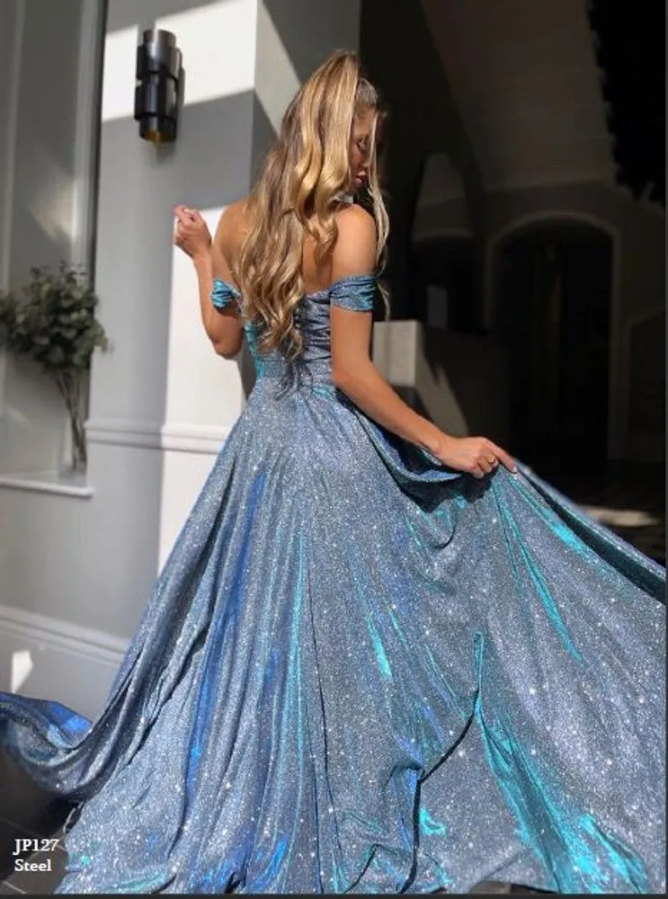 Off the Shoulder Glitter Ball Gown with Leg Slit | Jadore Dress JP127