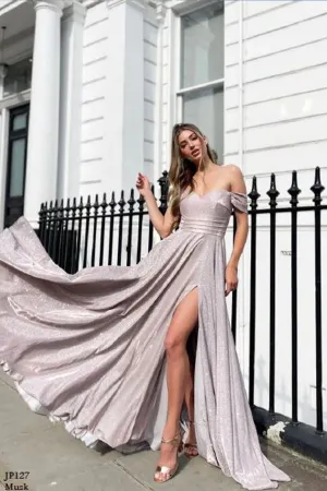 Off the Shoulder Glitter Ball Gown with Leg Slit | Jadore Dress JP127