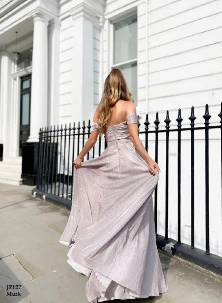 Off the Shoulder Glitter Ball Gown with Leg Slit | Jadore Dress JP127