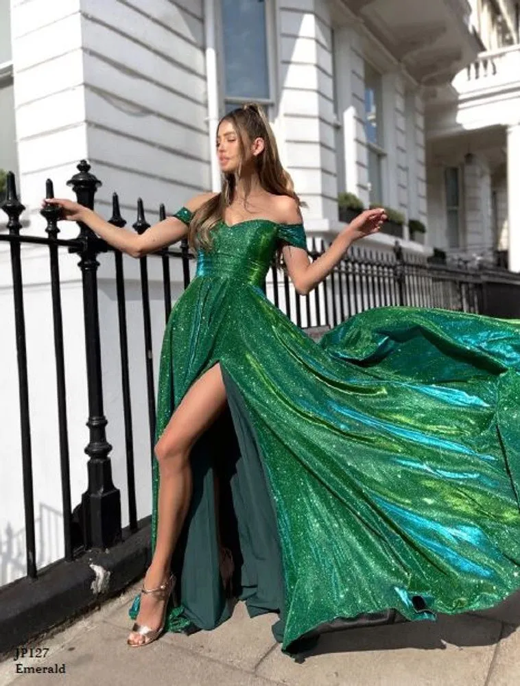 Off the Shoulder Glitter Ball Gown with Leg Slit | Jadore Dress JP127