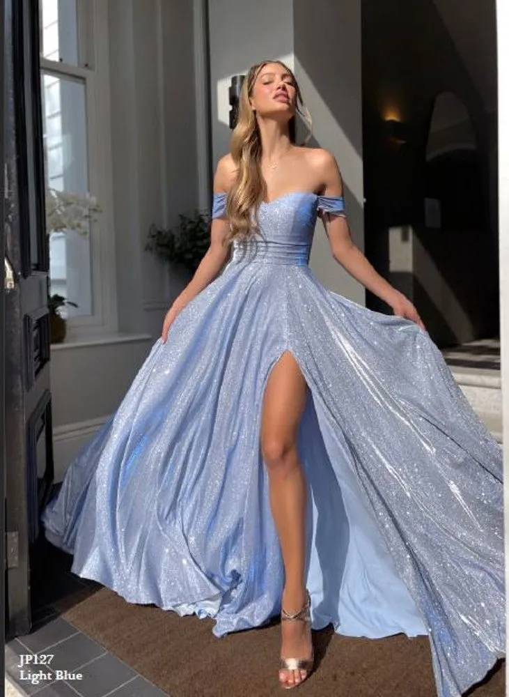 Off the Shoulder Glitter Ball Gown with Leg Slit | Jadore Dress JP127