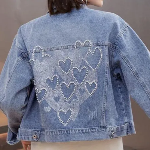 Pearl Denim Jacket with 3D heart Detailing