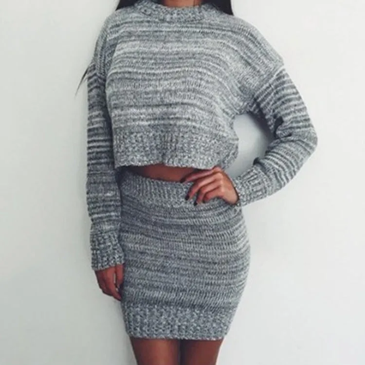 Pullover Short Sweater with Short Knit Skirt Two Pieces Set