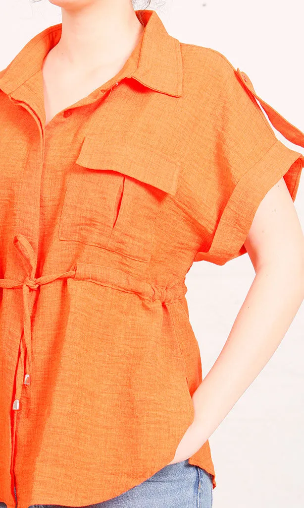 R207253-R207253 - Belted Button-Up Shirt - Orange