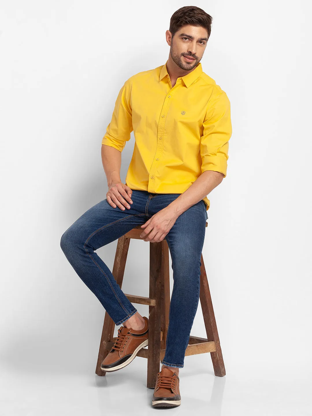 Spykar Sulphur Yellow Cotton Full Sleeve Plain Shirt For Men