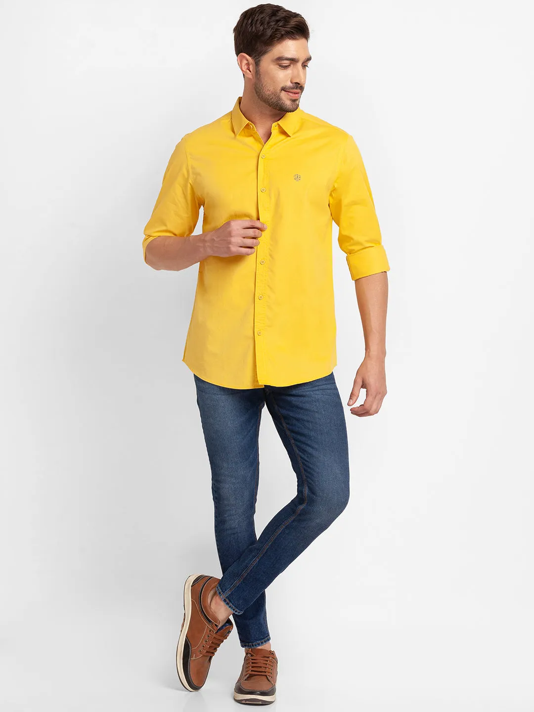 Spykar Sulphur Yellow Cotton Full Sleeve Plain Shirt For Men