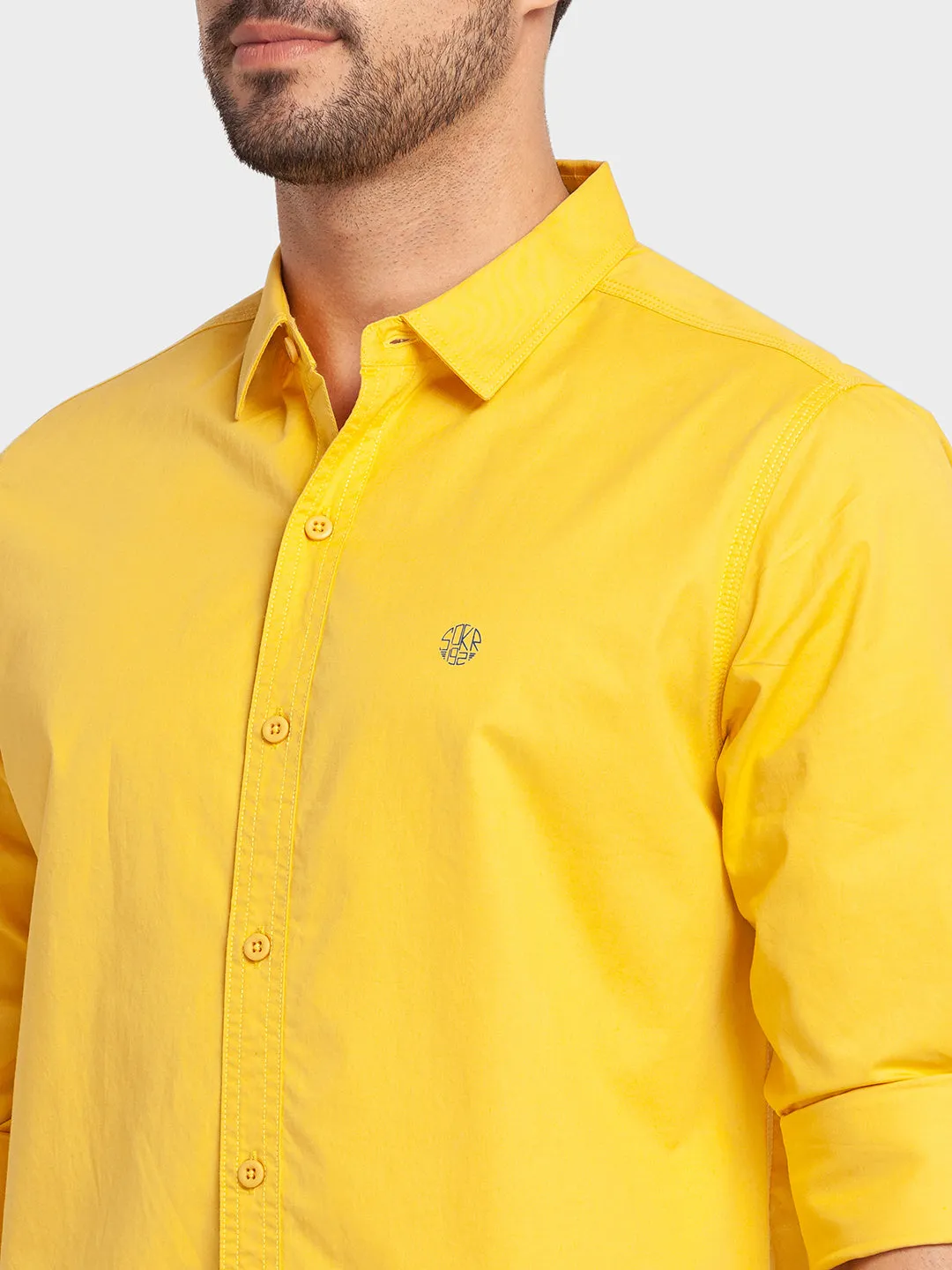 Spykar Sulphur Yellow Cotton Full Sleeve Plain Shirt For Men
