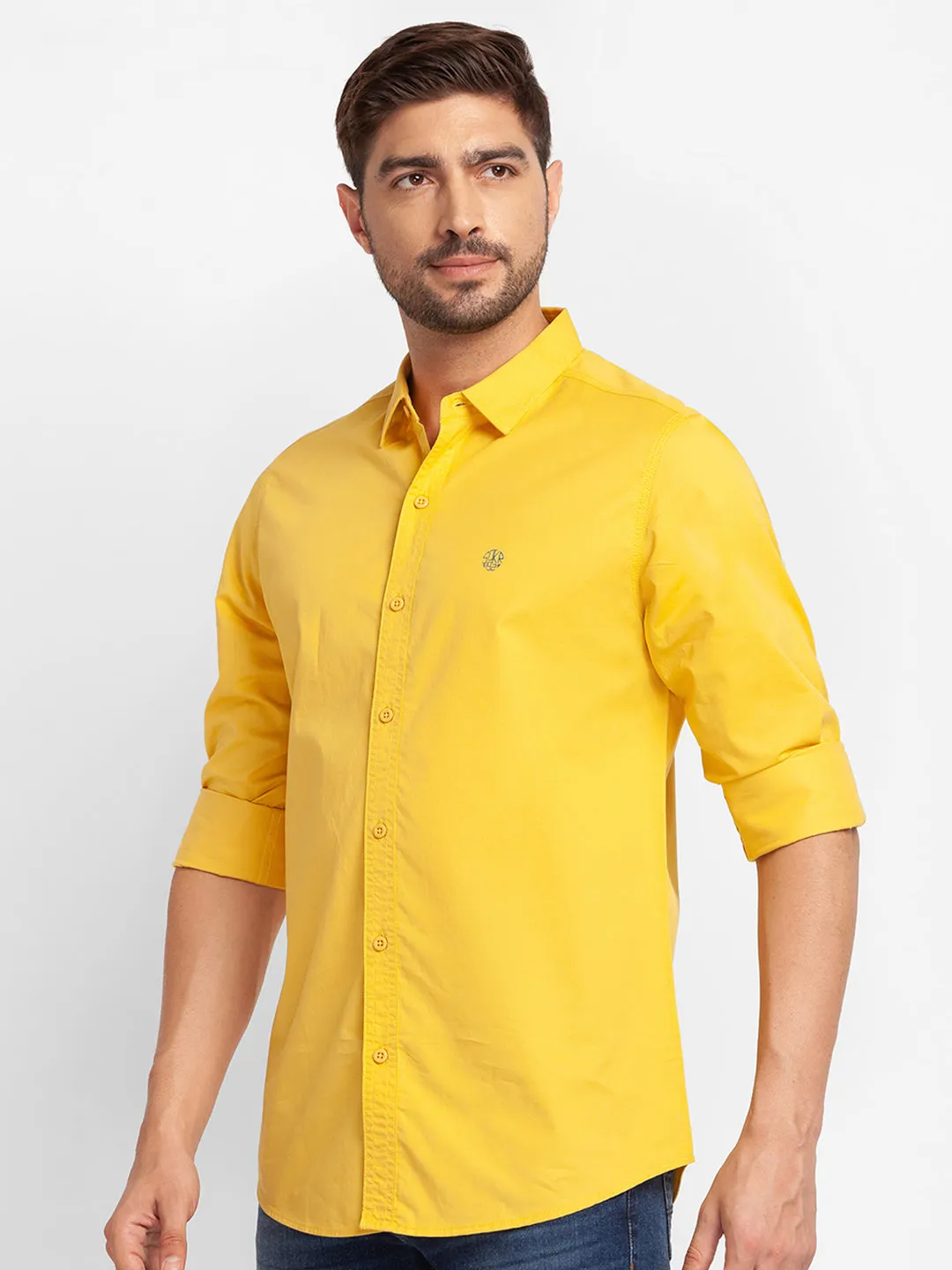 Spykar Sulphur Yellow Cotton Full Sleeve Plain Shirt For Men