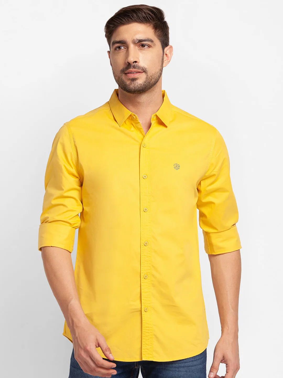 Spykar Sulphur Yellow Cotton Full Sleeve Plain Shirt For Men