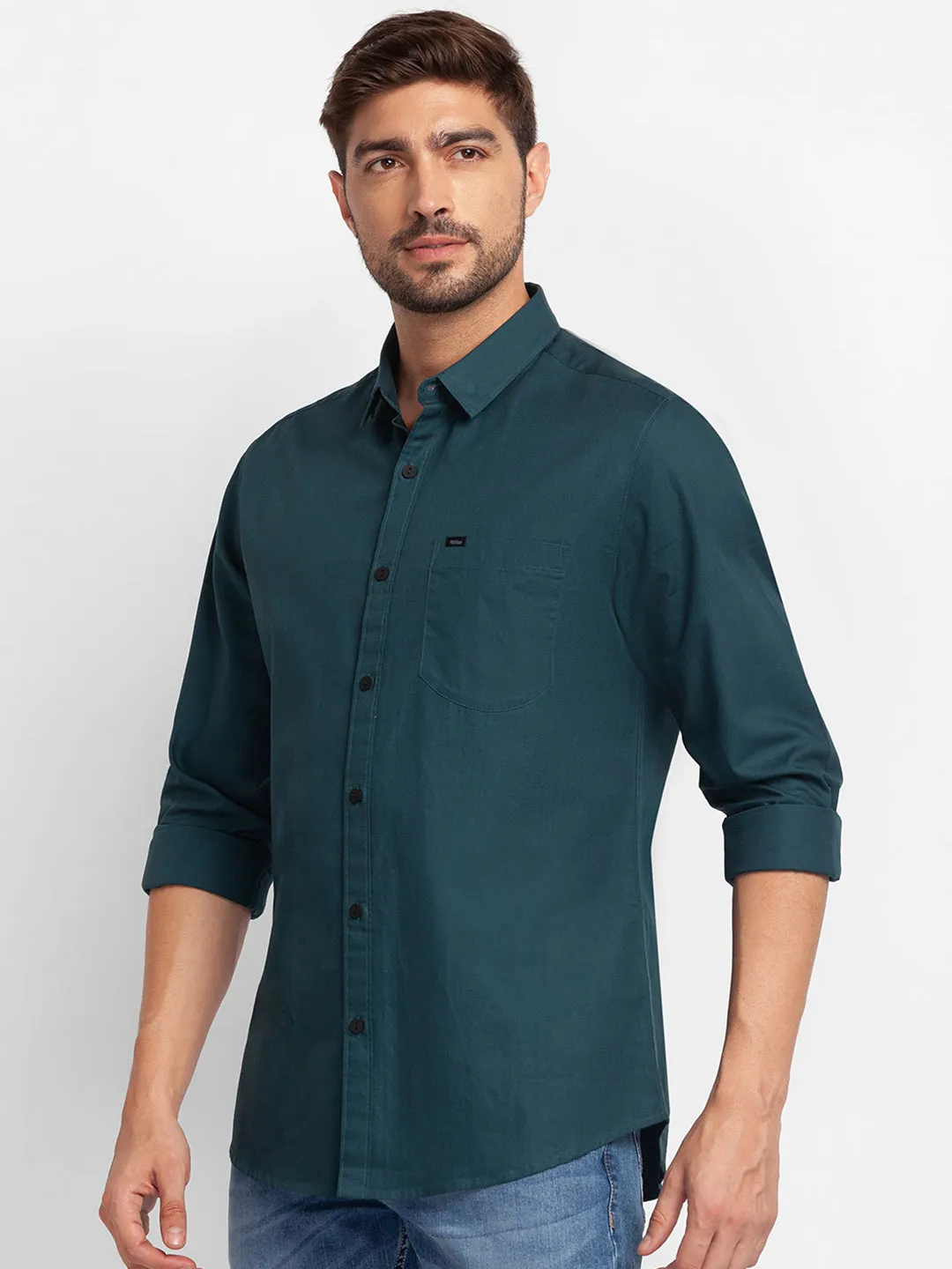 Spykar Teal Green Cotton Full Sleeve Plain Shirt For Men