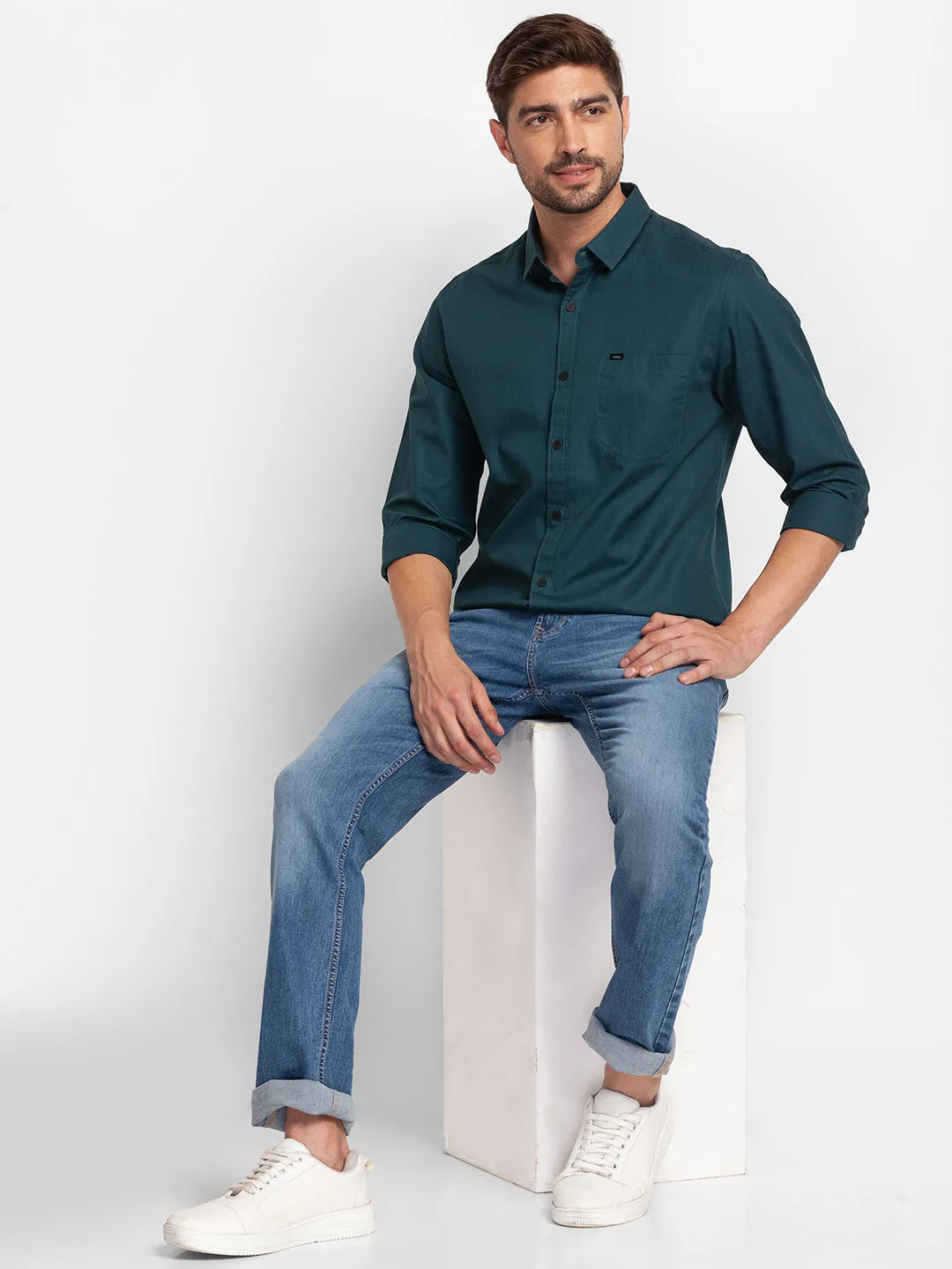 Spykar Teal Green Cotton Full Sleeve Plain Shirt For Men