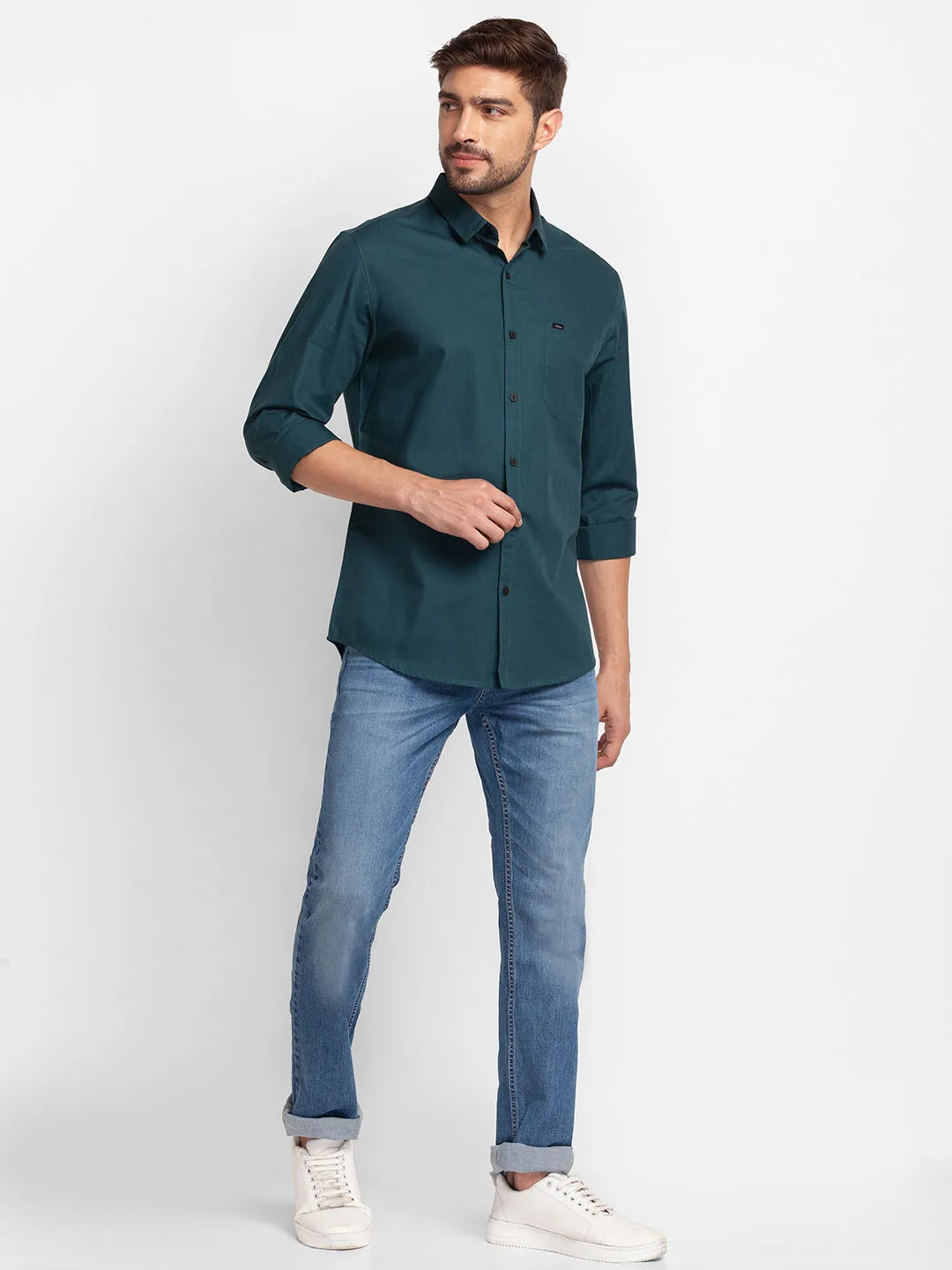 Spykar Teal Green Cotton Full Sleeve Plain Shirt For Men
