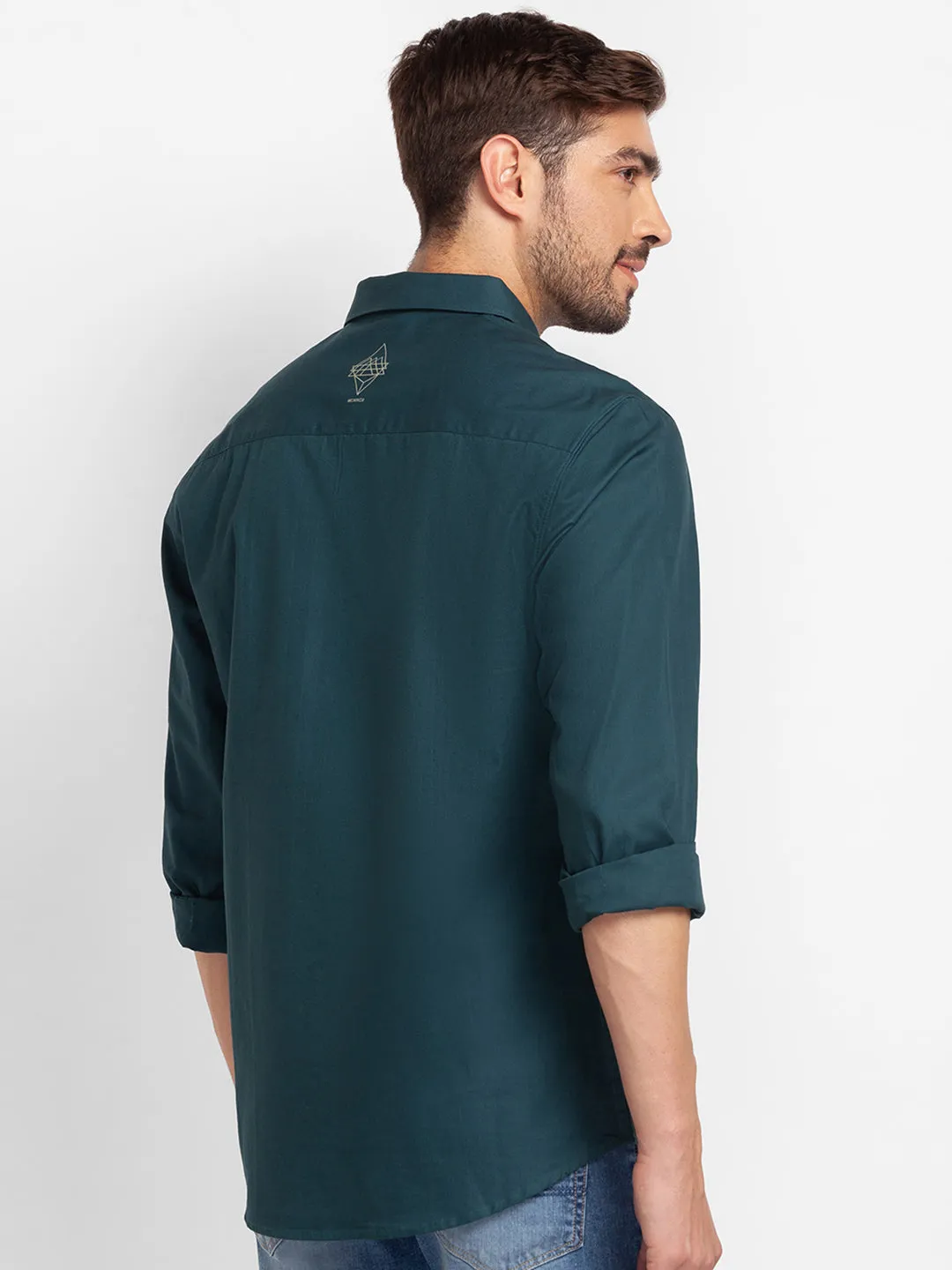 Spykar Teal Green Cotton Full Sleeve Plain Shirt For Men
