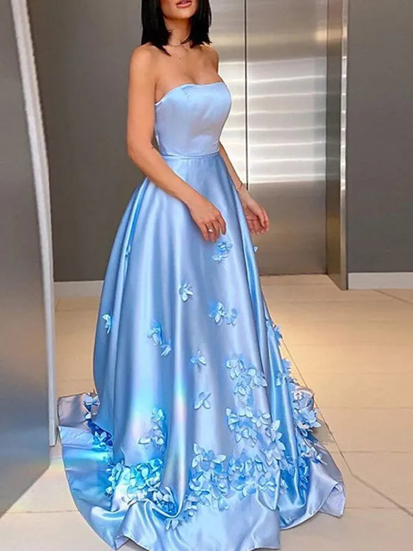 Strapless Light Blue Satin Floral Long Prom Dresses, Light Blue Formal Dresses with 3D Flowers, Light Blue Evening Dresses