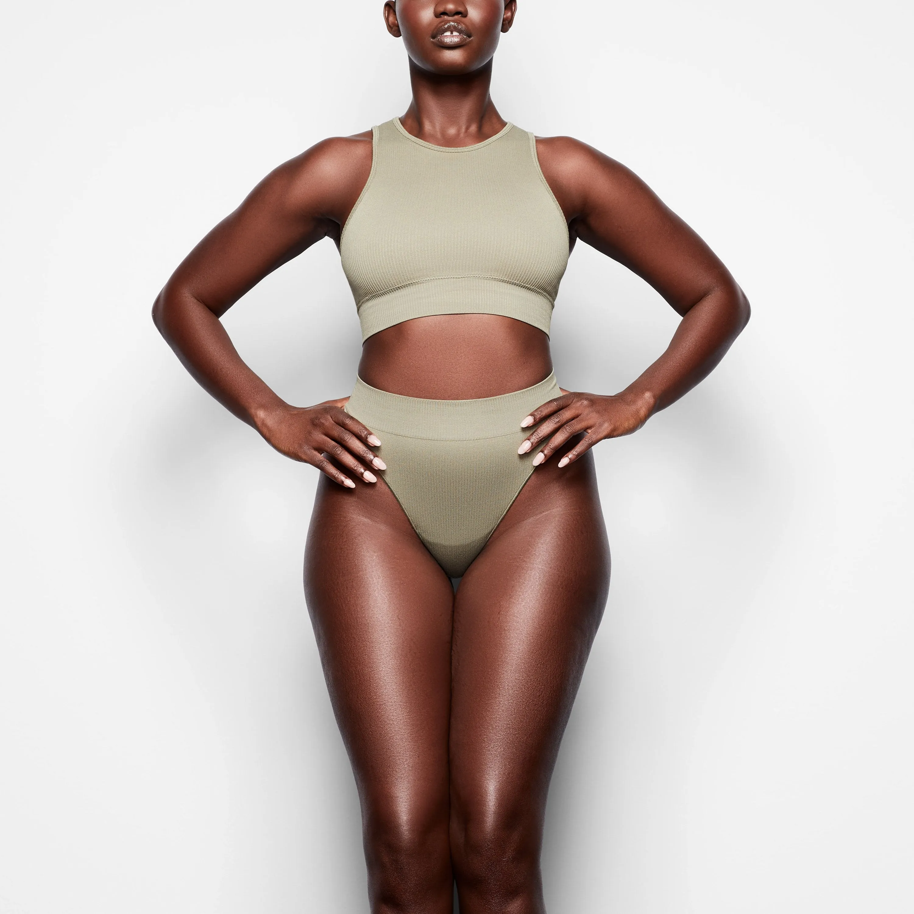 STRETCH RIB HIGH NECK BRA | SLATE GREEN