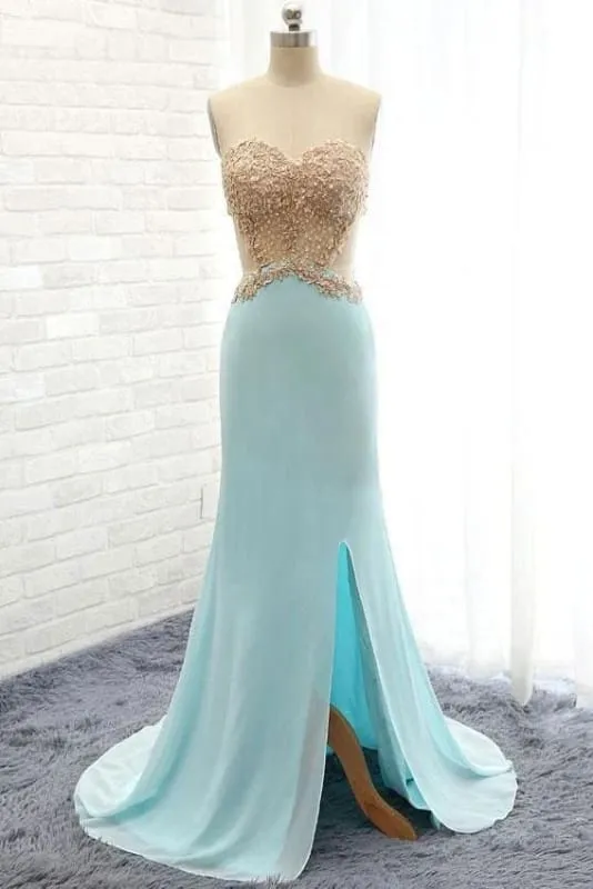 Sweetheabackless Light Blue Lace Prom Dress With Pearls