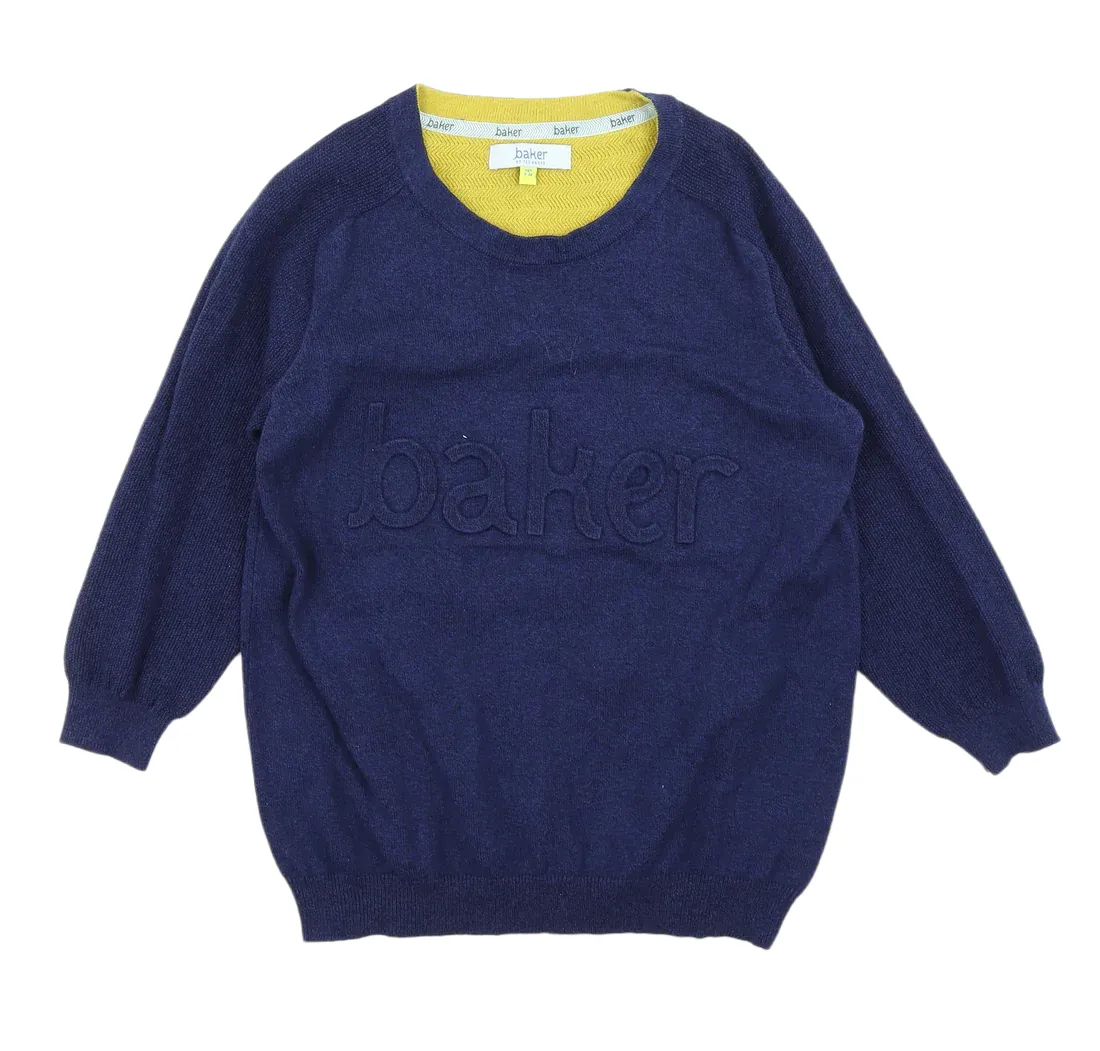 Ted Baker Blue Black Merino Wool Blend Embossed Logo Jumper - Boys 9-10yrs