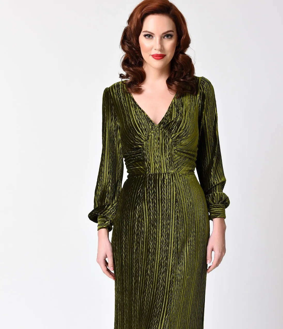 Voodoo Vixen Olive Green Velvet Long Sleeve Maxi Dress