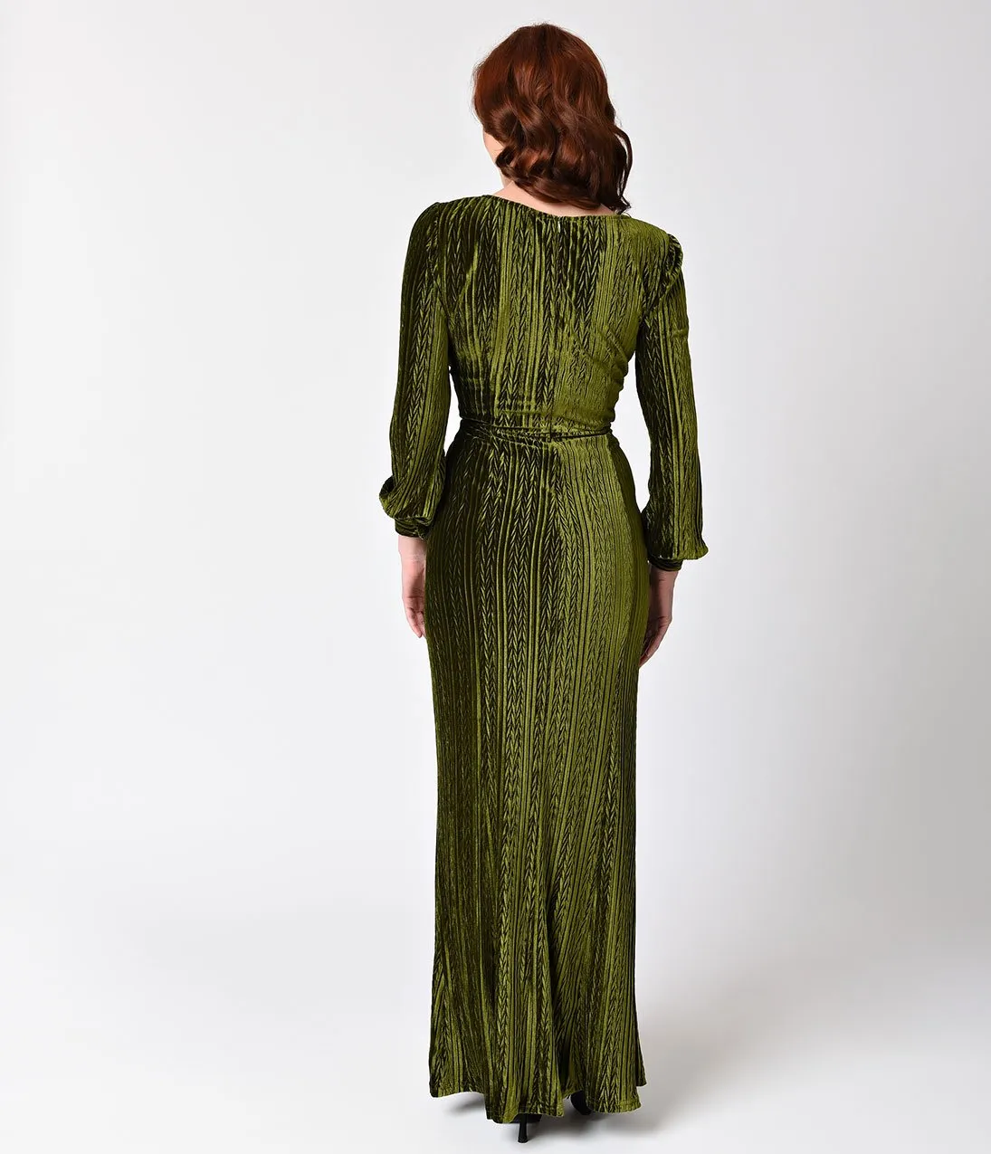 Voodoo Vixen Olive Green Velvet Long Sleeve Maxi Dress
