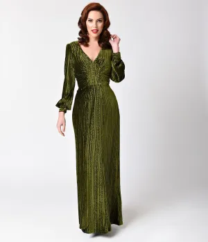 Voodoo Vixen Olive Green Velvet Long Sleeve Maxi Dress