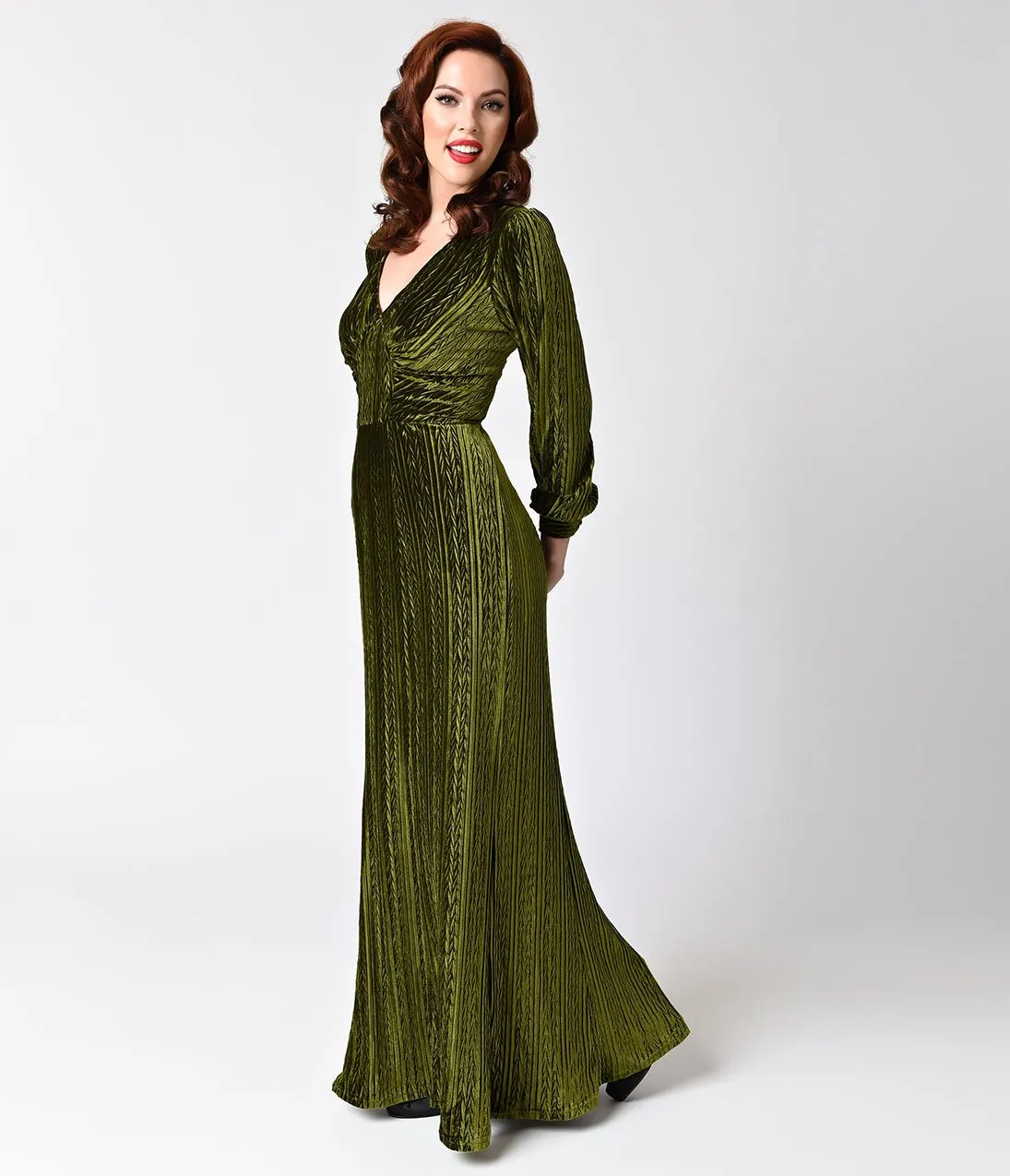 Voodoo Vixen Olive Green Velvet Long Sleeve Maxi Dress