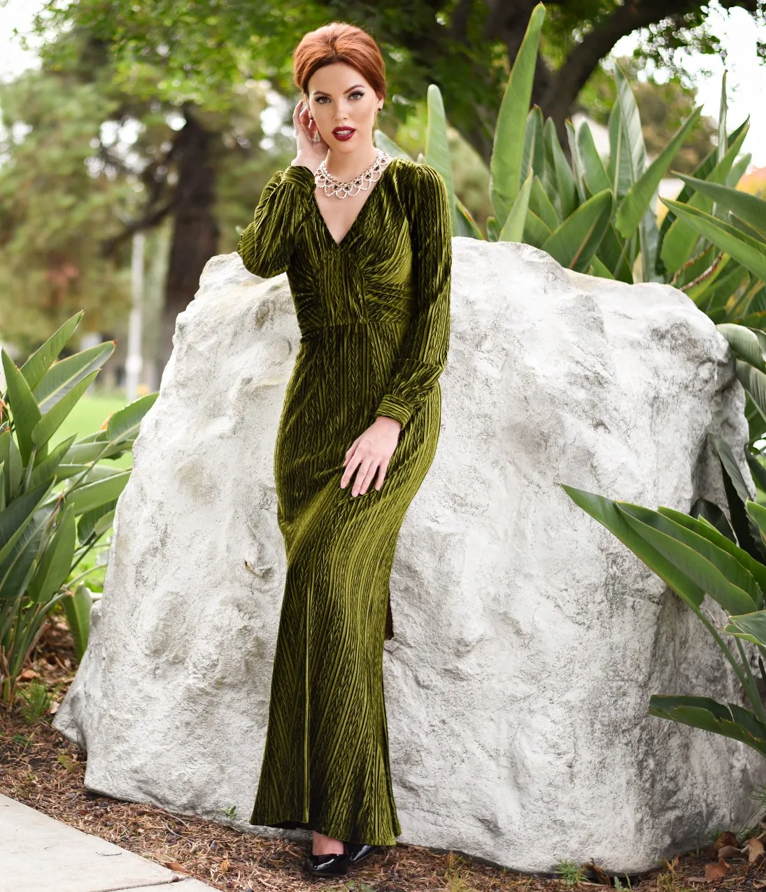 Voodoo Vixen Olive Green Velvet Long Sleeve Maxi Dress