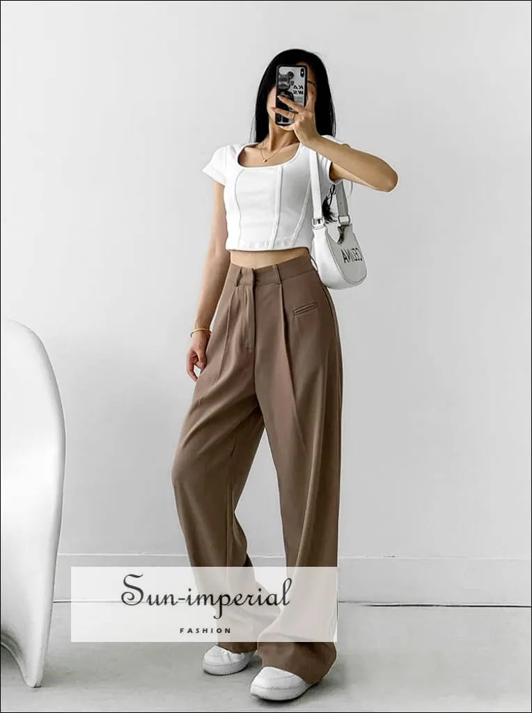 Women Khaki Pleated detail Wide Leg Tailored Trousers