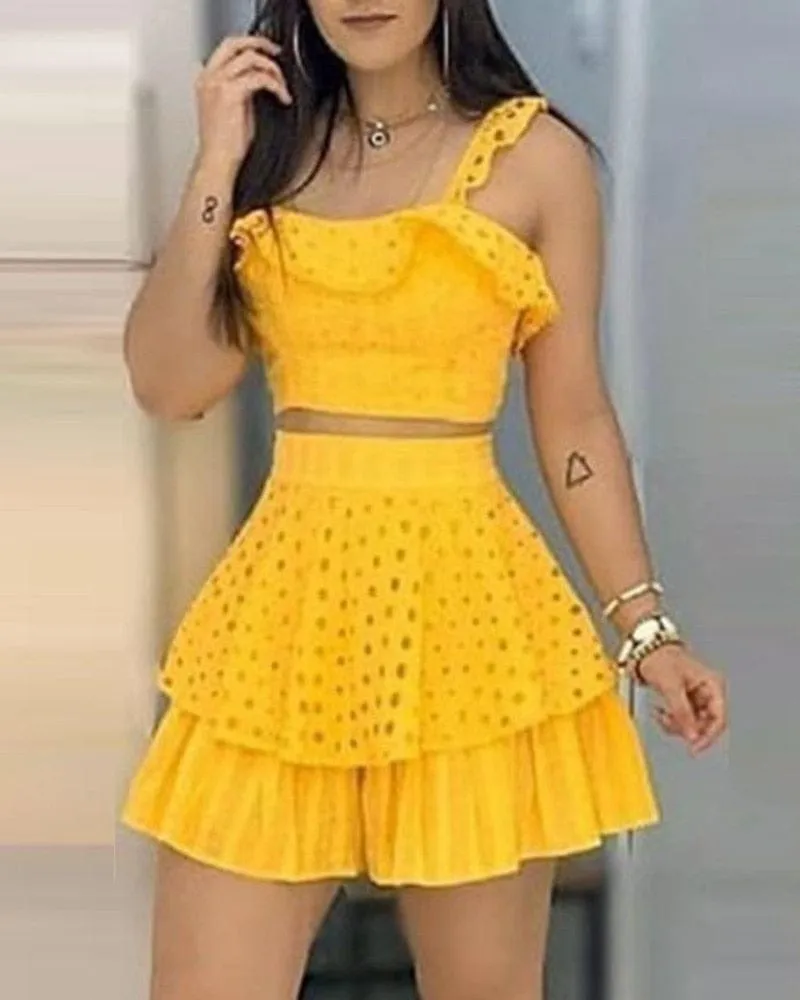 Women Two Pieces Set Cold Shoulder Cropped Top & Skirt