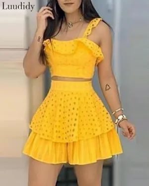 Women Two Pieces Set Cold Shoulder Cropped Top & Skirt