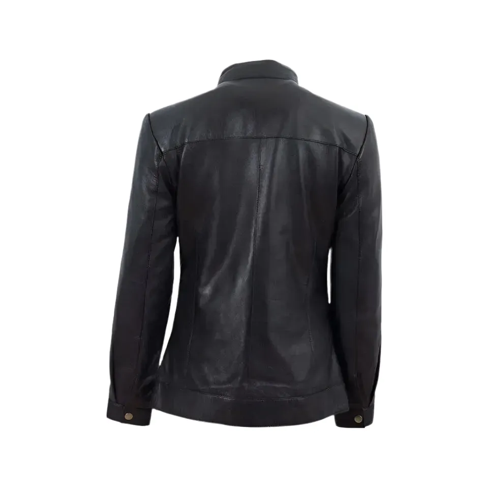 Women's Black Band Collar Biker Leather Jacket