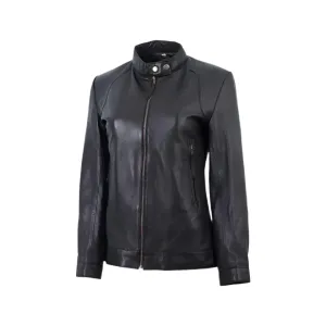 Women's Black Band Collar Biker Leather Jacket