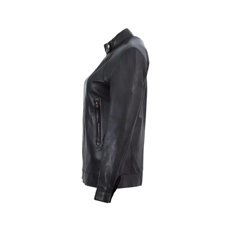 Women's Black Band Collar Biker Leather Jacket