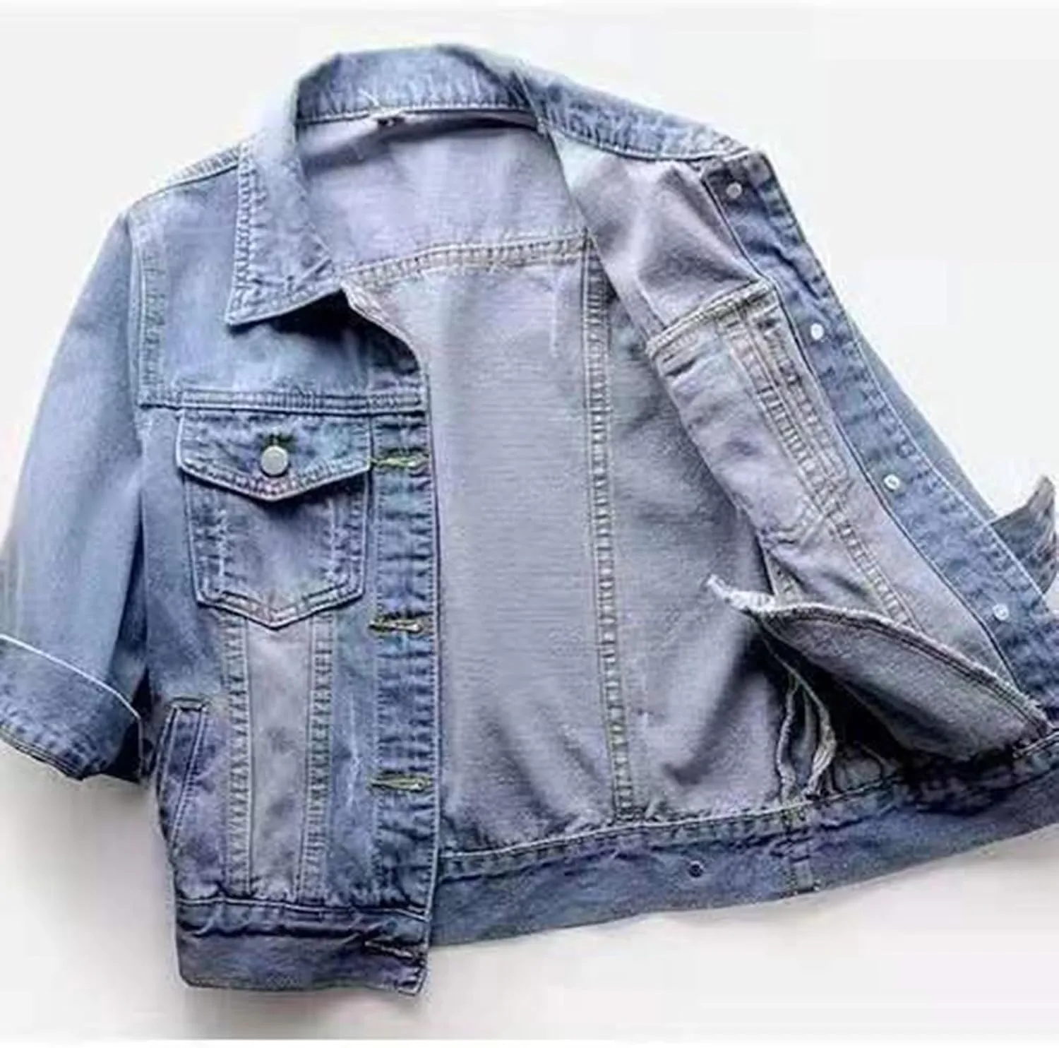 Womens Cropped Denim Jacket 3/4 Sleeve Short Jean Jacket Button Down Retro Lightweight Trucker Coat
